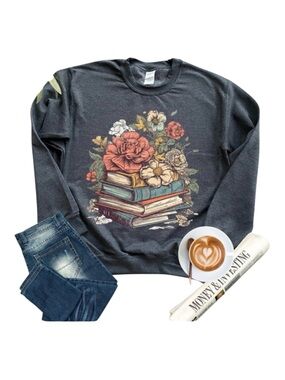 Cozy Floral Books Graphic Sweatshirt - Charcoal